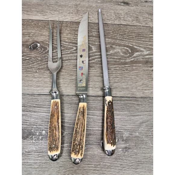 Solingen Germany Stainless Stag Antler Handle Carving Knife Serving Fork~3 Pc - Picture 2 of 9